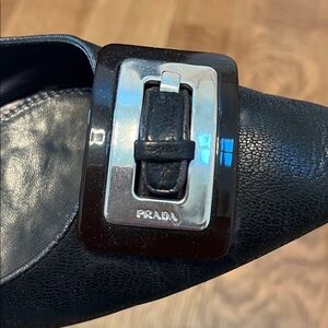 Prada Black Leather Point Toe Flats with Silver Buckle